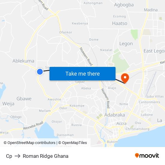 Cp to Roman Ridge Ghana map