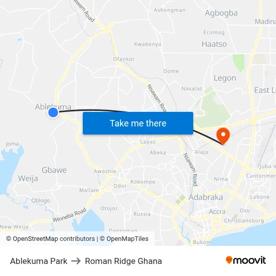 Ablekuma Park to Roman Ridge Ghana map
