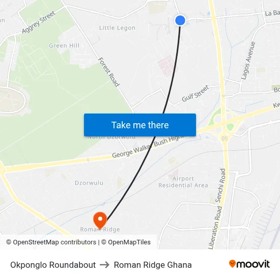 Okponglo Roundabout to Roman Ridge Ghana map