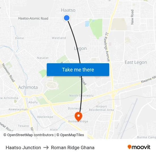 Haatso Junction to Roman Ridge Ghana map
