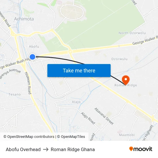 Abofu Overhead to Roman Ridge Ghana map