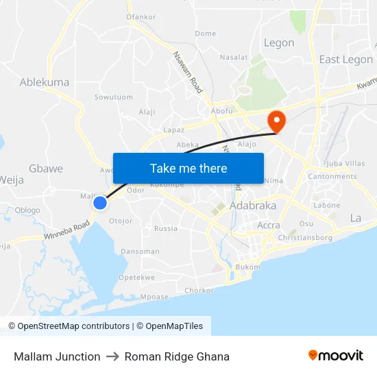 Mallam Junction to Roman Ridge Ghana map