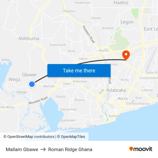 Mallam Gbawe to Roman Ridge Ghana map