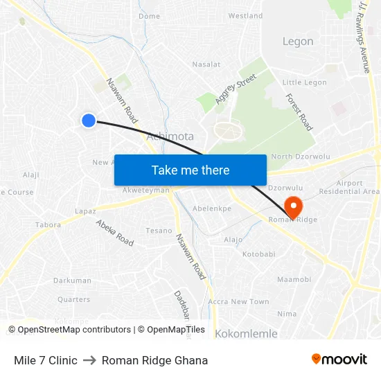 Mile 7 Clinic to Roman Ridge Ghana map