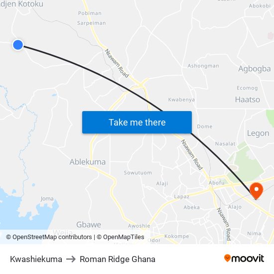 Kwashiekuma to Roman Ridge Ghana map