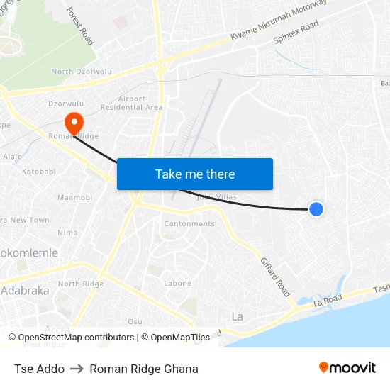 Tse Addo to Roman Ridge Ghana map