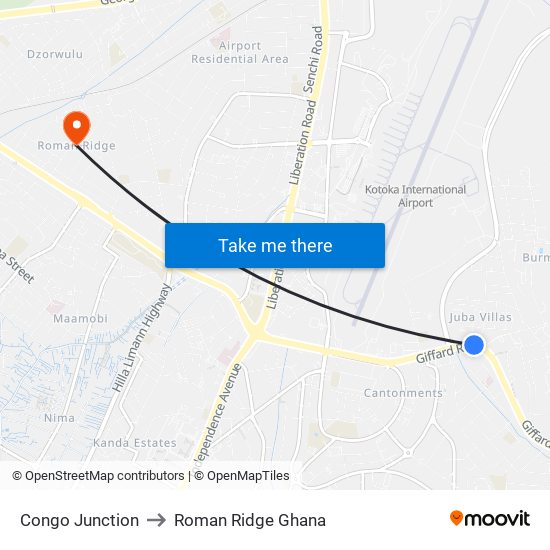 Congo Junction to Roman Ridge Ghana map