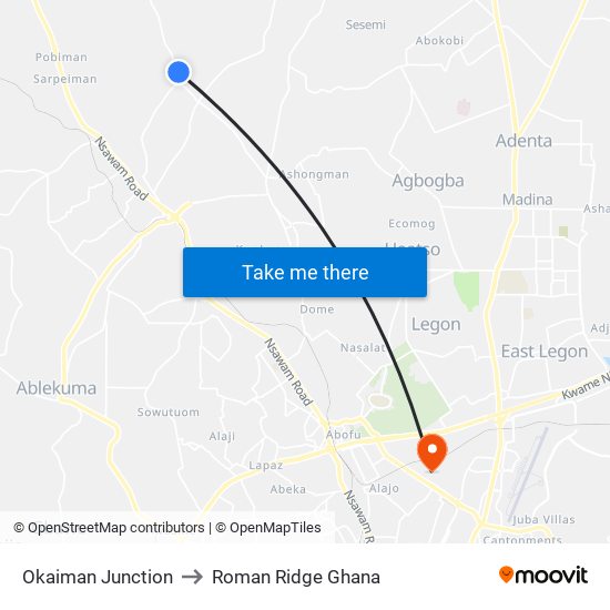 Okaiman Junction to Roman Ridge Ghana map