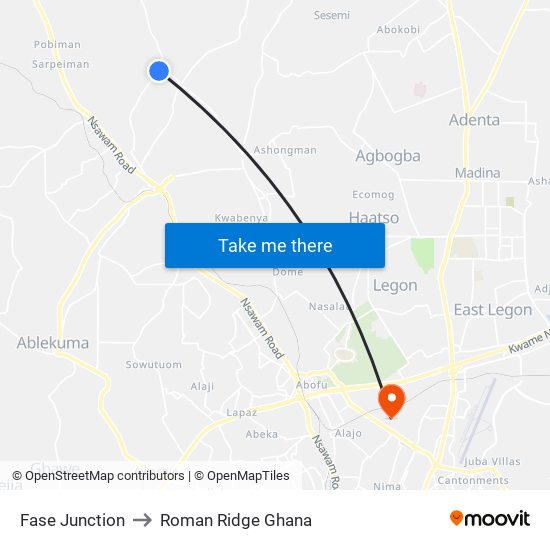 Fase Junction to Roman Ridge Ghana map