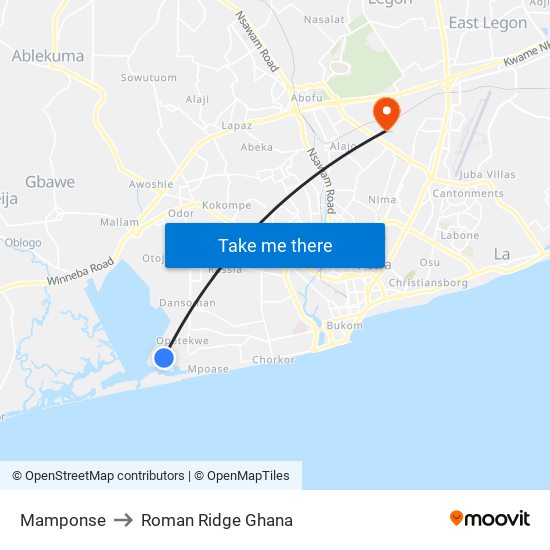 Mamponse to Roman Ridge Ghana map