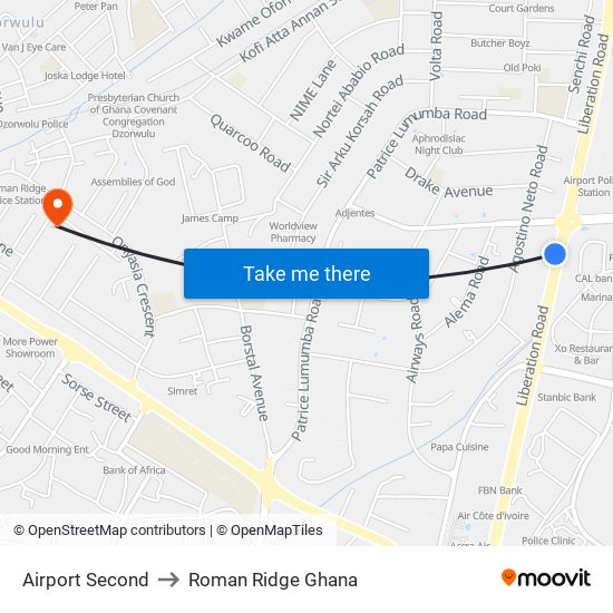 Airport Second to Roman Ridge Ghana map