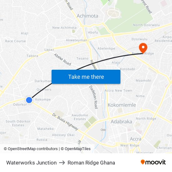Waterworks Junction to Roman Ridge Ghana map