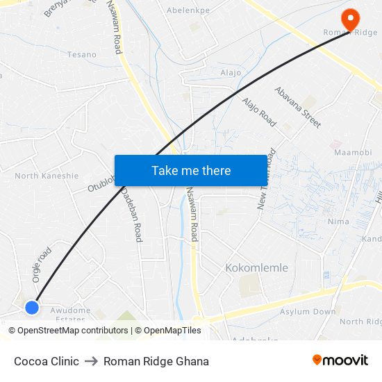 Cocoa Clinic to Roman Ridge Ghana map