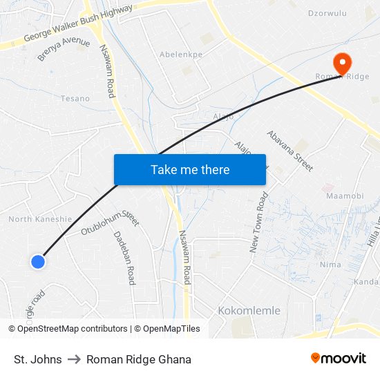 St. Johns to Roman Ridge Ghana map