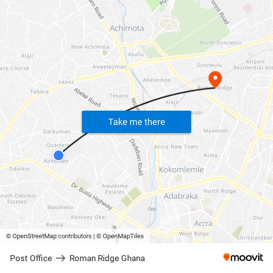 Post Office to Roman Ridge Ghana map