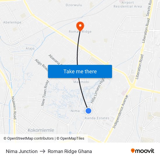 Nima Junction to Roman Ridge Ghana map