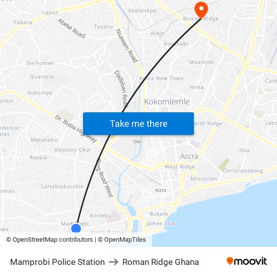 Mamprobi Police Station to Roman Ridge Ghana map