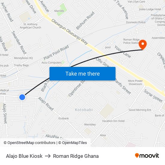 Alajo Blue Kiosk to Roman Ridge Ghana map