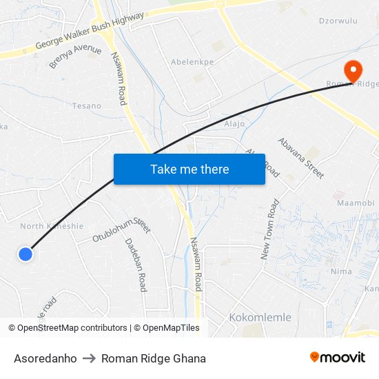 Asoredanho to Roman Ridge Ghana map