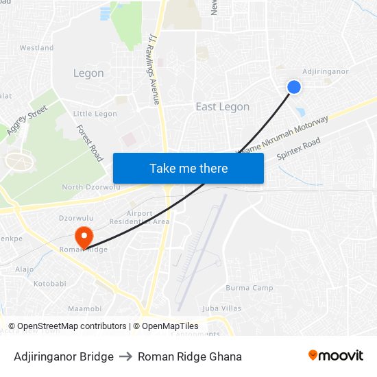 Adjiringanor Bridge to Roman Ridge Ghana map