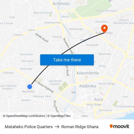 Mataheko Police Quarters to Roman Ridge Ghana map
