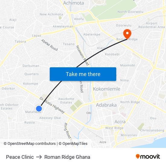 Peace Clinic to Roman Ridge Ghana map