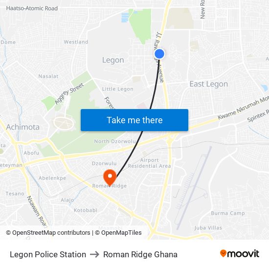 Legon Police Station to Roman Ridge Ghana map