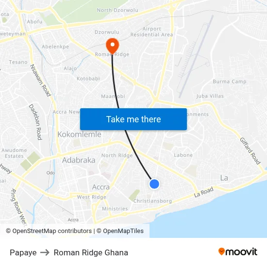 Papaye to Roman Ridge Ghana map