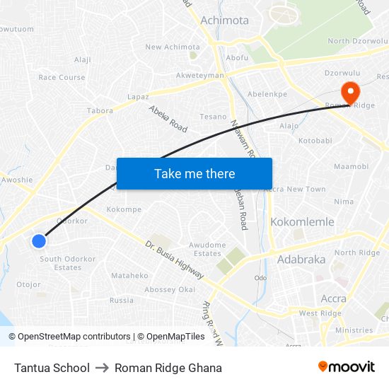 Tantua School to Roman Ridge Ghana map