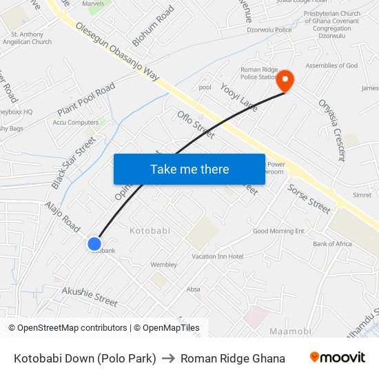 Kotobabi Down (Polo Park) to Roman Ridge Ghana map