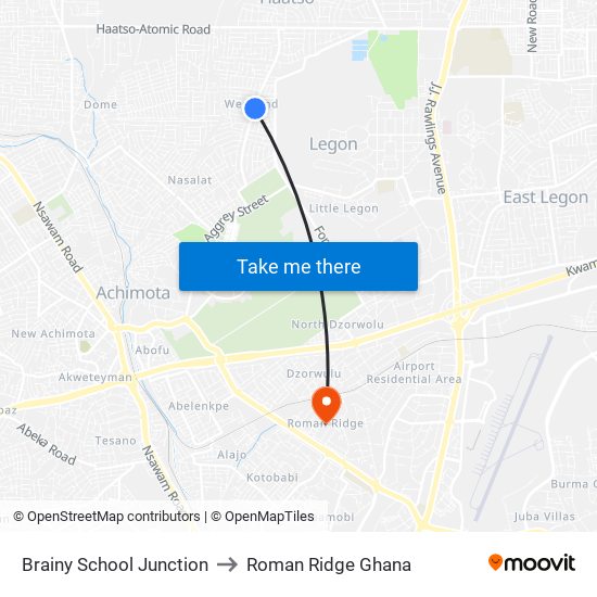 Brainy School Junction to Roman Ridge Ghana map