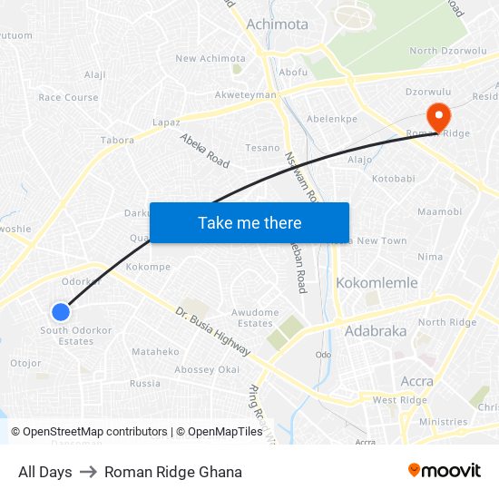 All Days to Roman Ridge Ghana map