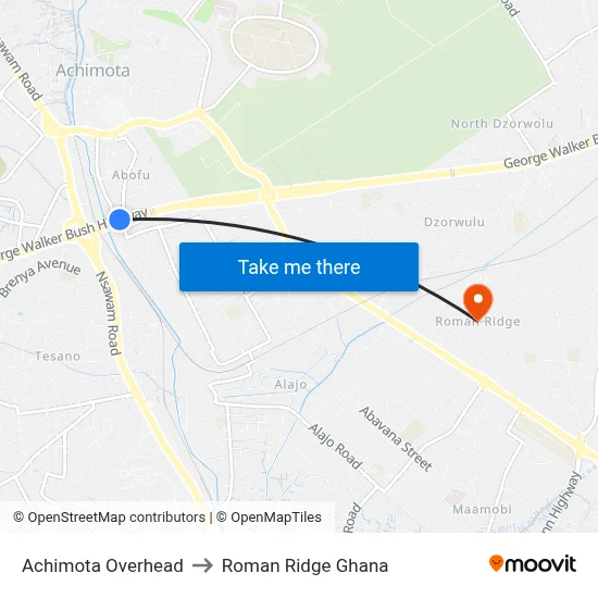 Achimota Overhead to Roman Ridge Ghana map