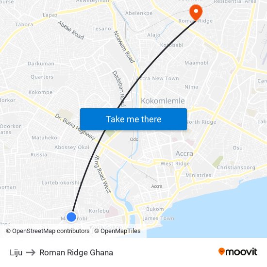 Liju to Roman Ridge Ghana map