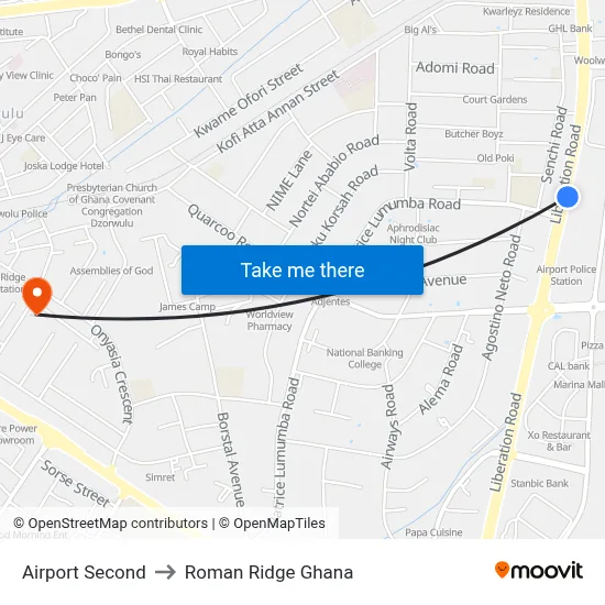 Airport Second to Roman Ridge Ghana map
