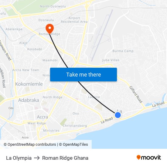 La Olympia to Roman Ridge Ghana map