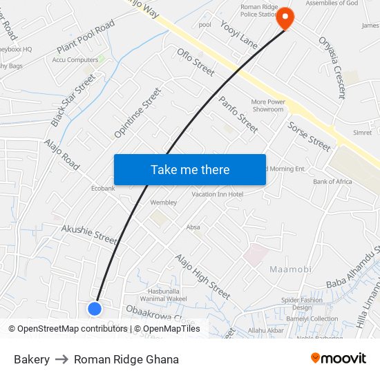 Bakery to Roman Ridge Ghana map