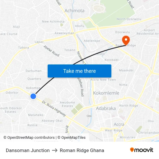 Dansoman Junction to Roman Ridge Ghana map