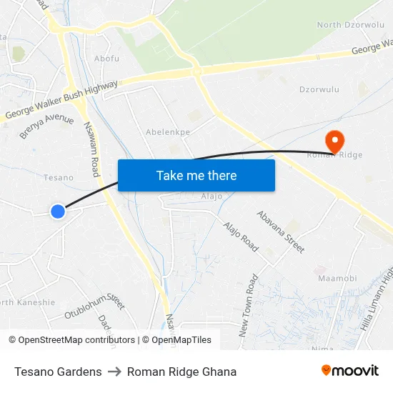 Tesano Gardens to Roman Ridge Ghana map