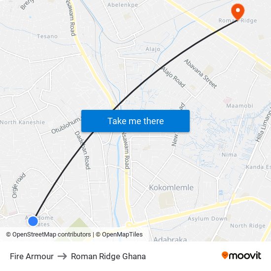 Fire Armour to Roman Ridge Ghana map