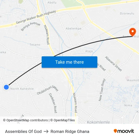 Assemblies Of God to Roman Ridge Ghana map