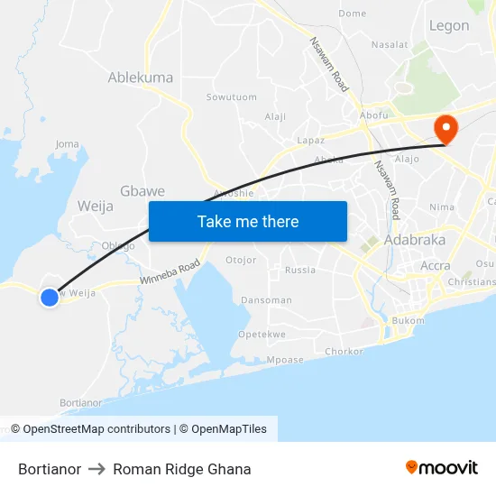 Bortianor to Roman Ridge Ghana map