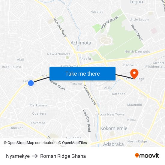 Nyamekye to Roman Ridge Ghana map