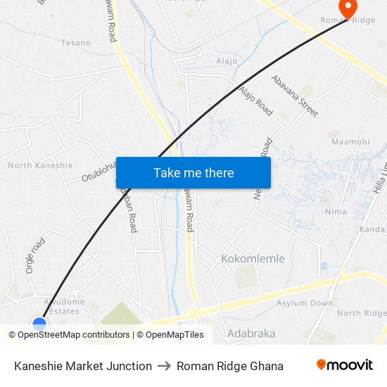 Kaneshie Market Junction to Roman Ridge Ghana map