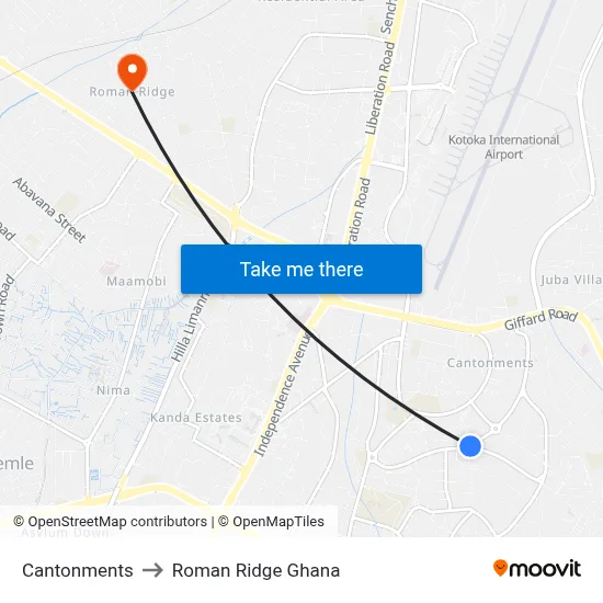 Cantonments to Roman Ridge Ghana map