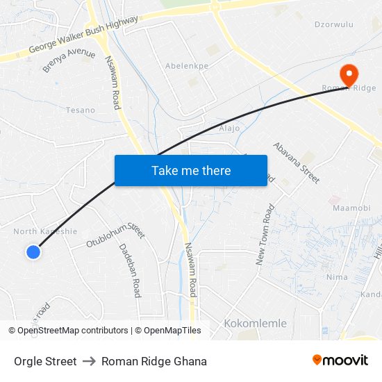 Orgle Street to Roman Ridge Ghana map