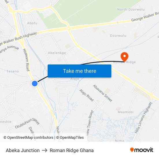 Abeka Junction to Roman Ridge Ghana map