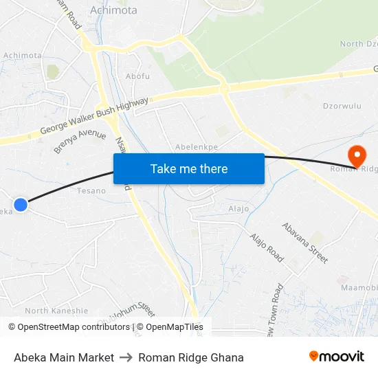 Abeka Main Market to Roman Ridge Ghana map