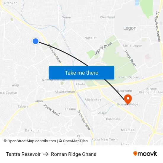 Tantra Resevoir to Roman Ridge Ghana map