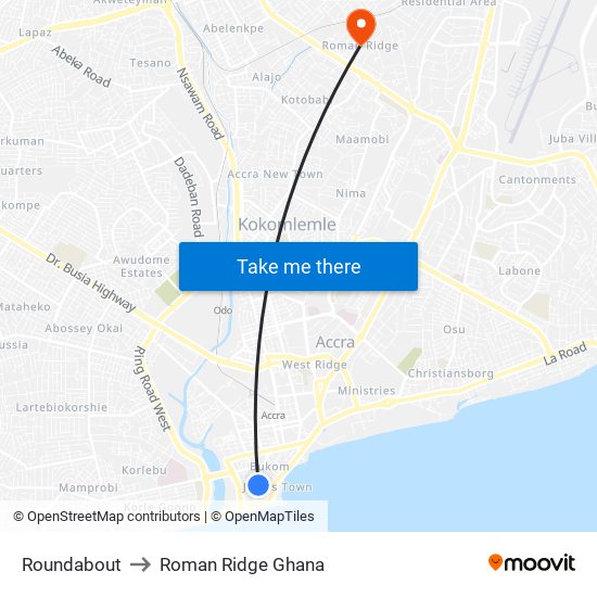 Roundabout to Roman Ridge Ghana map